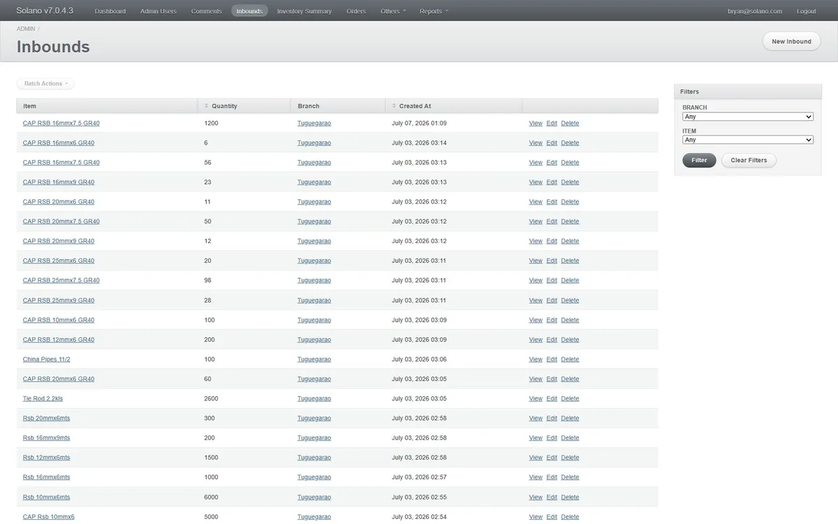 Republika Steel inventory admin panel inbounds table