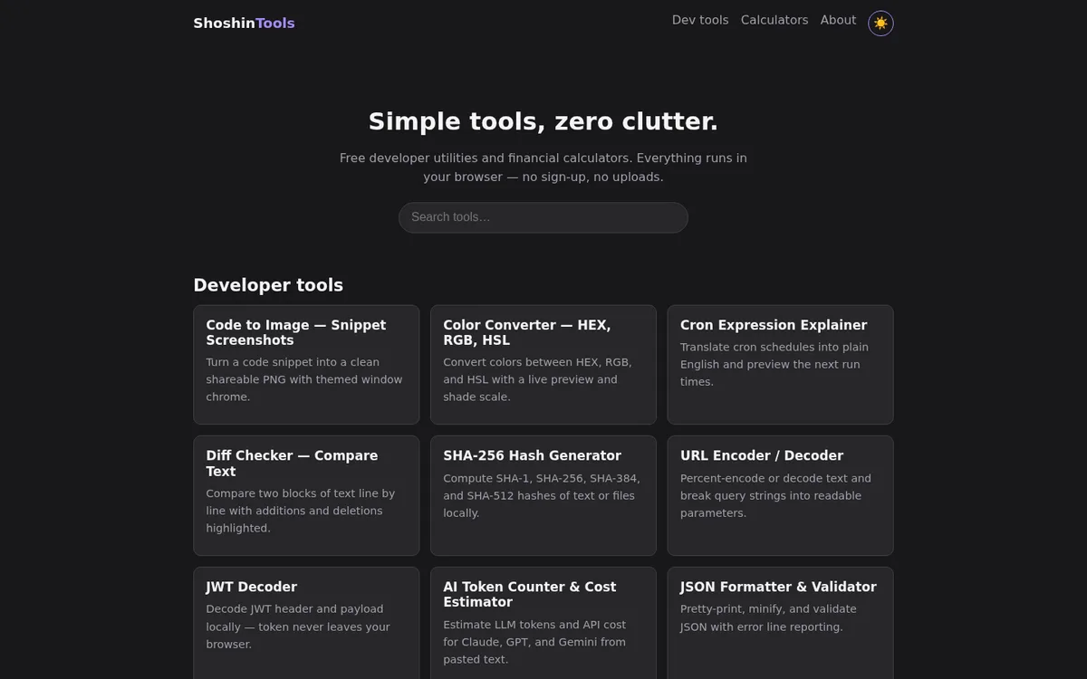 Shoshin Tools dark-mode homepage showing developer tool cards