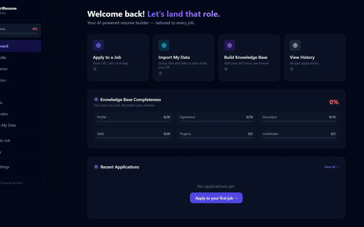 SmartResume AI Builder dashboard